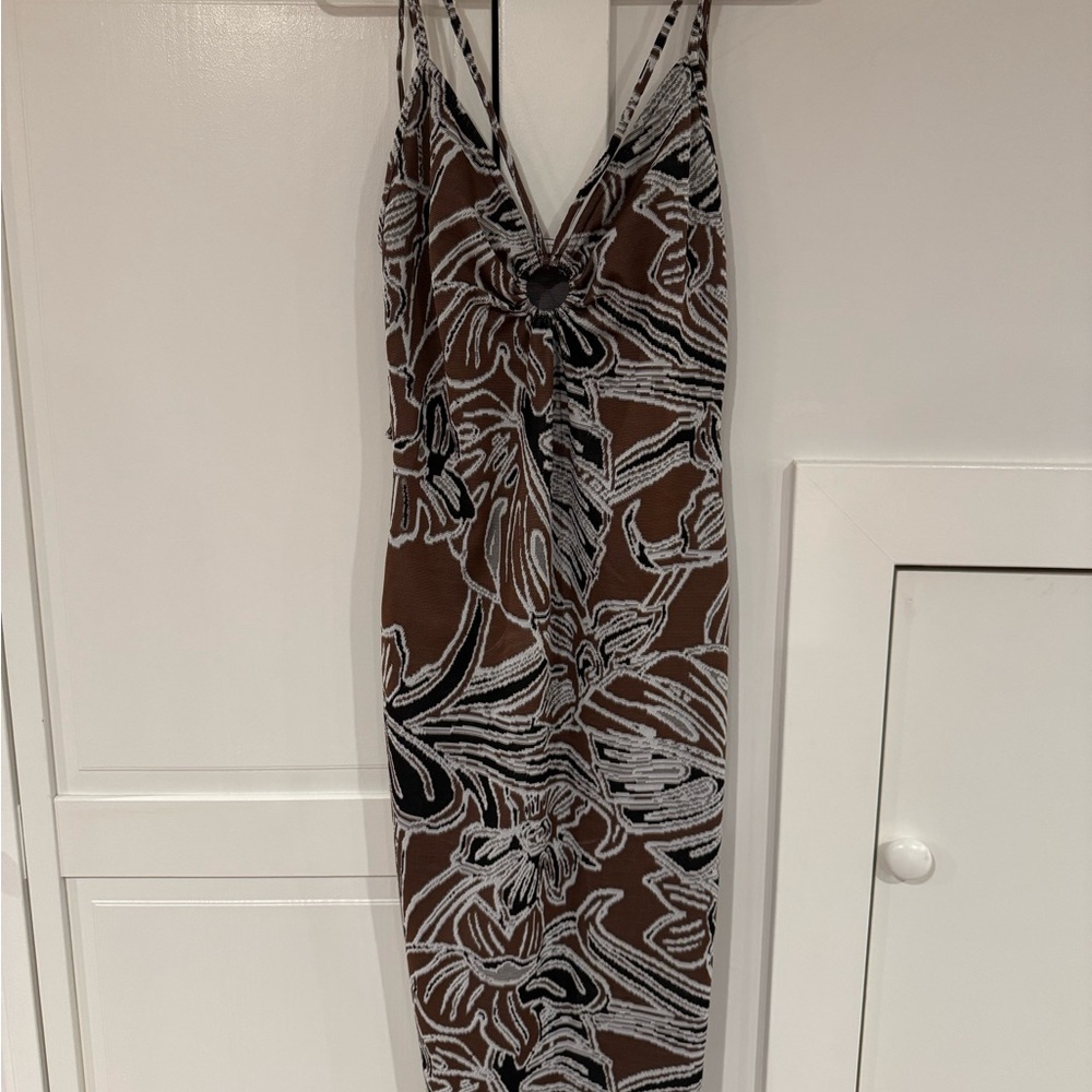 Zara Brown & White Tropical Knit Midi Dress – Size M (New!)